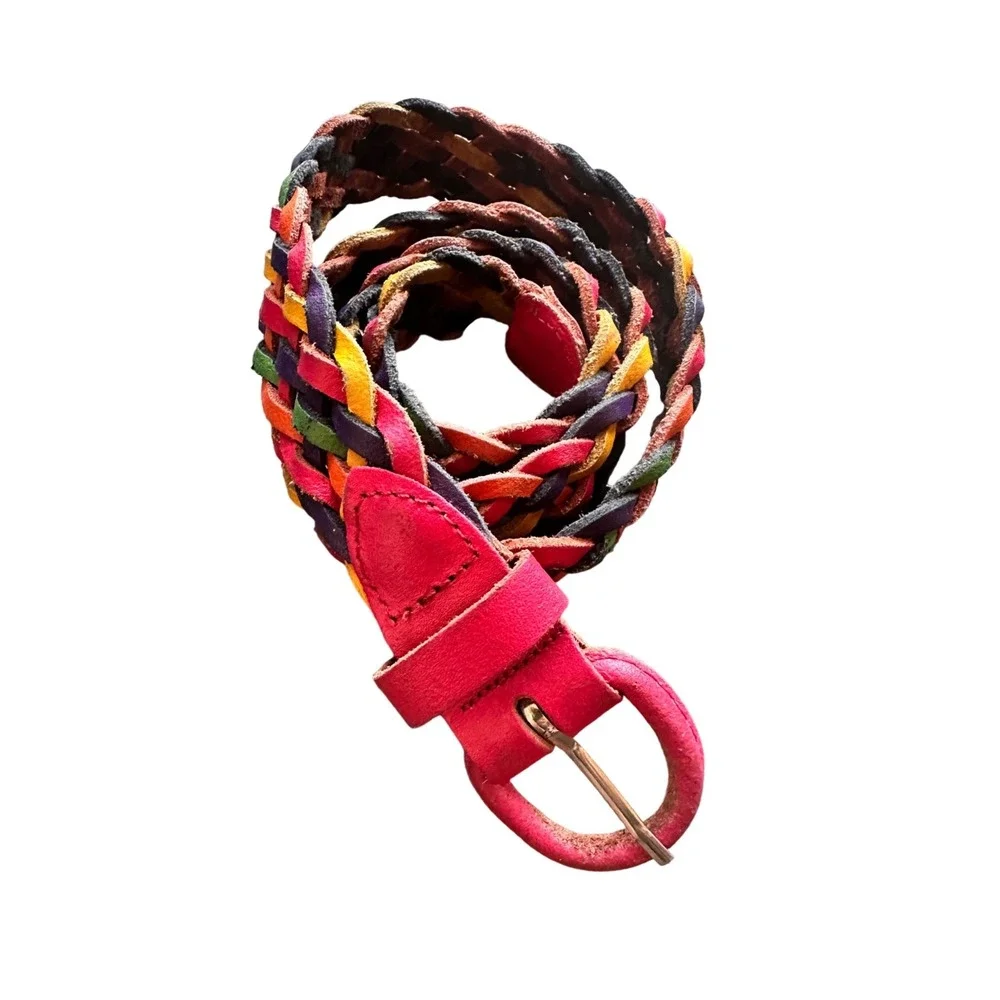 Vintage Argentina Multi Color Braided Leather Belt Rainbow Boho Woven Small